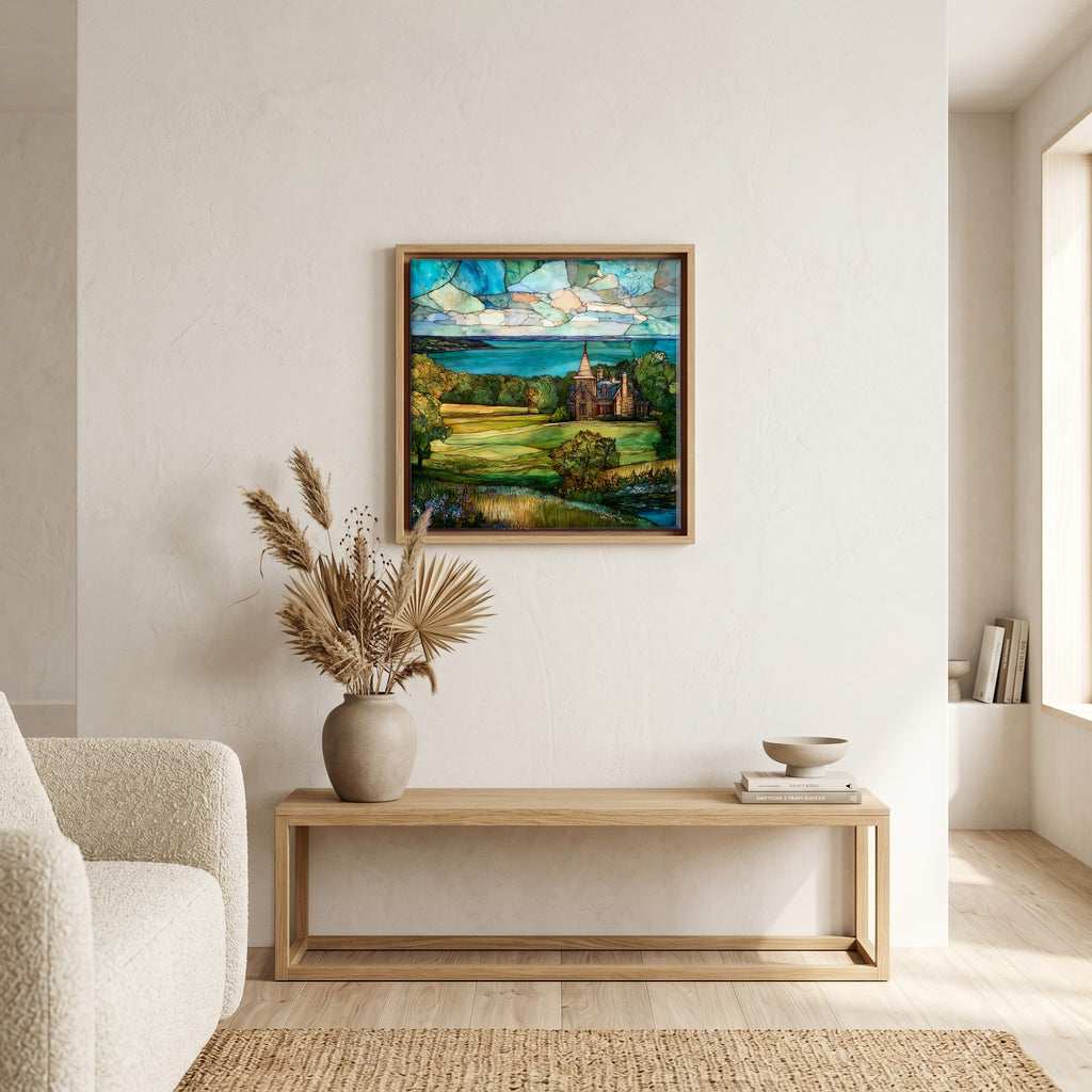 In the living room, above the sofa.