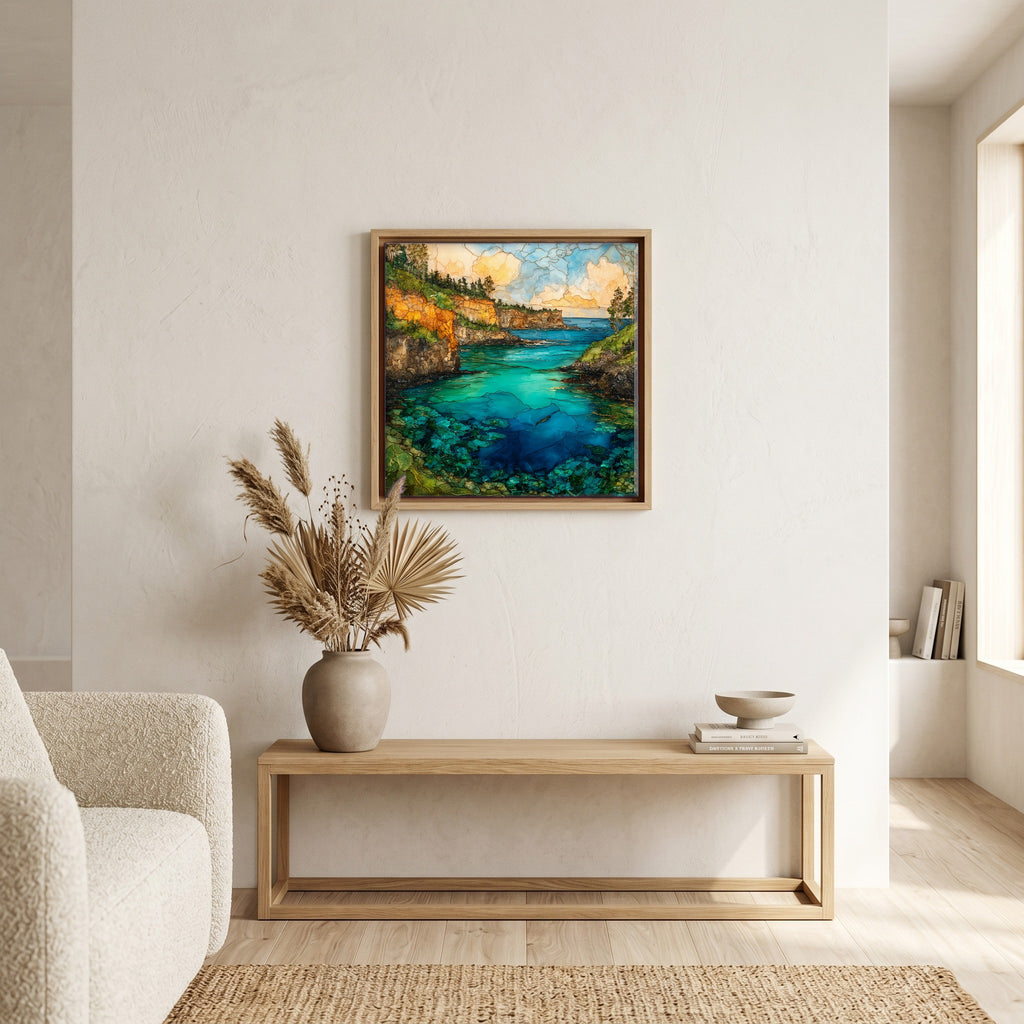 Above the bench, in a warm oak surround.
