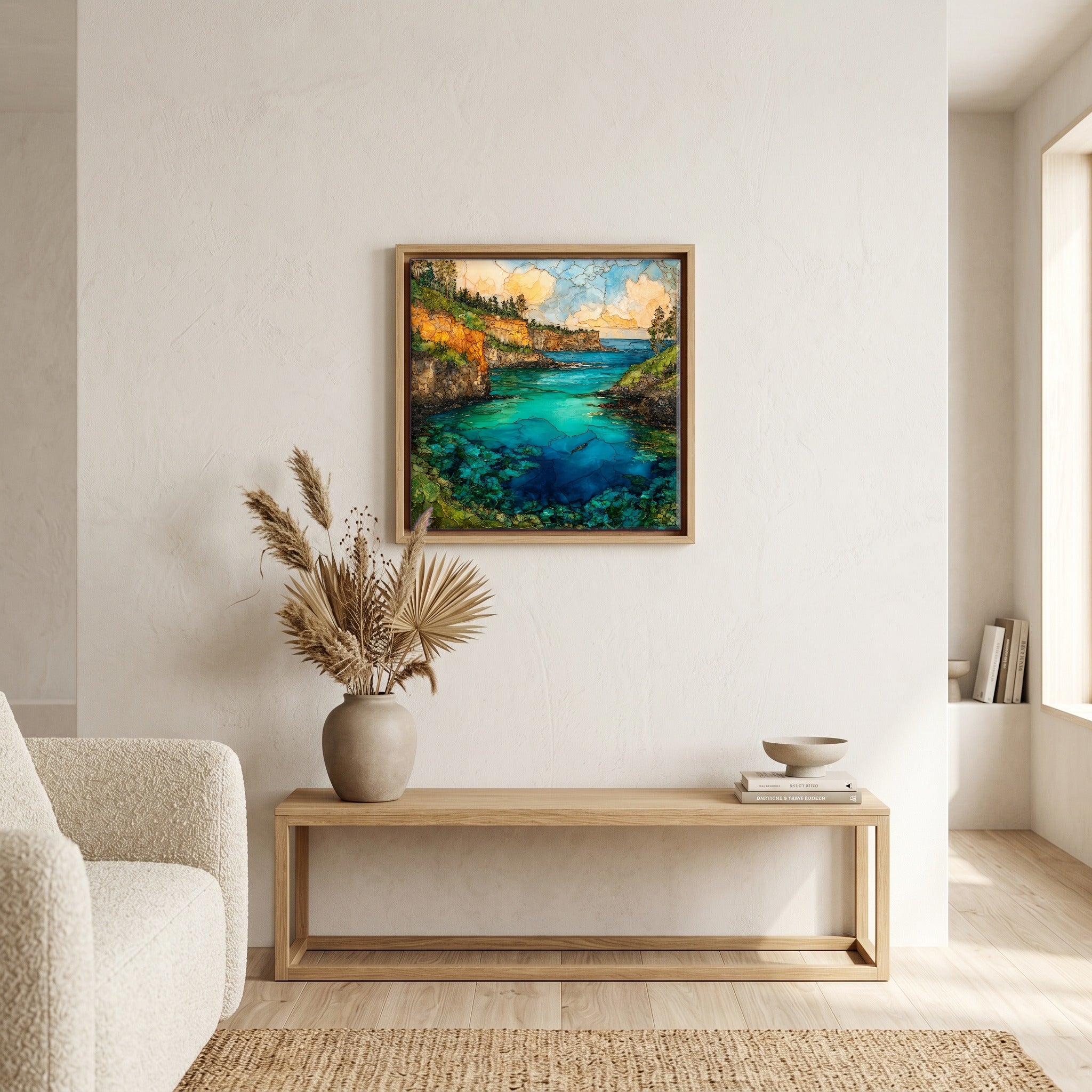 Above the bench, in a warm oak surround.