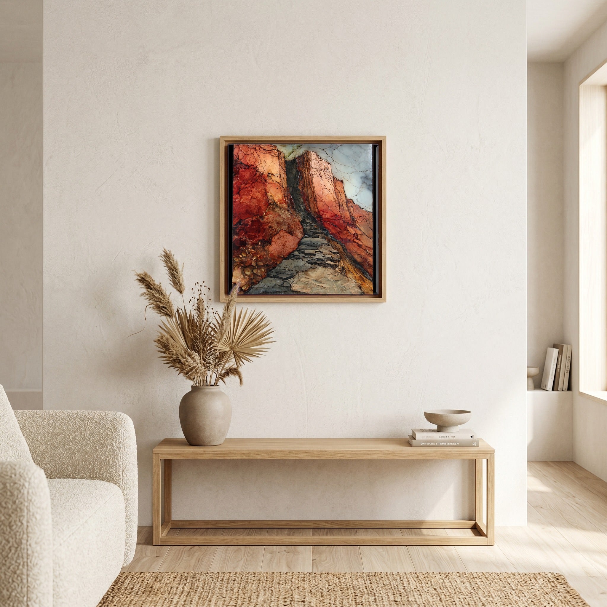 In the living room, above the sofa.