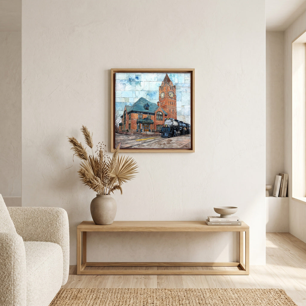 In the living room, above the sofa.