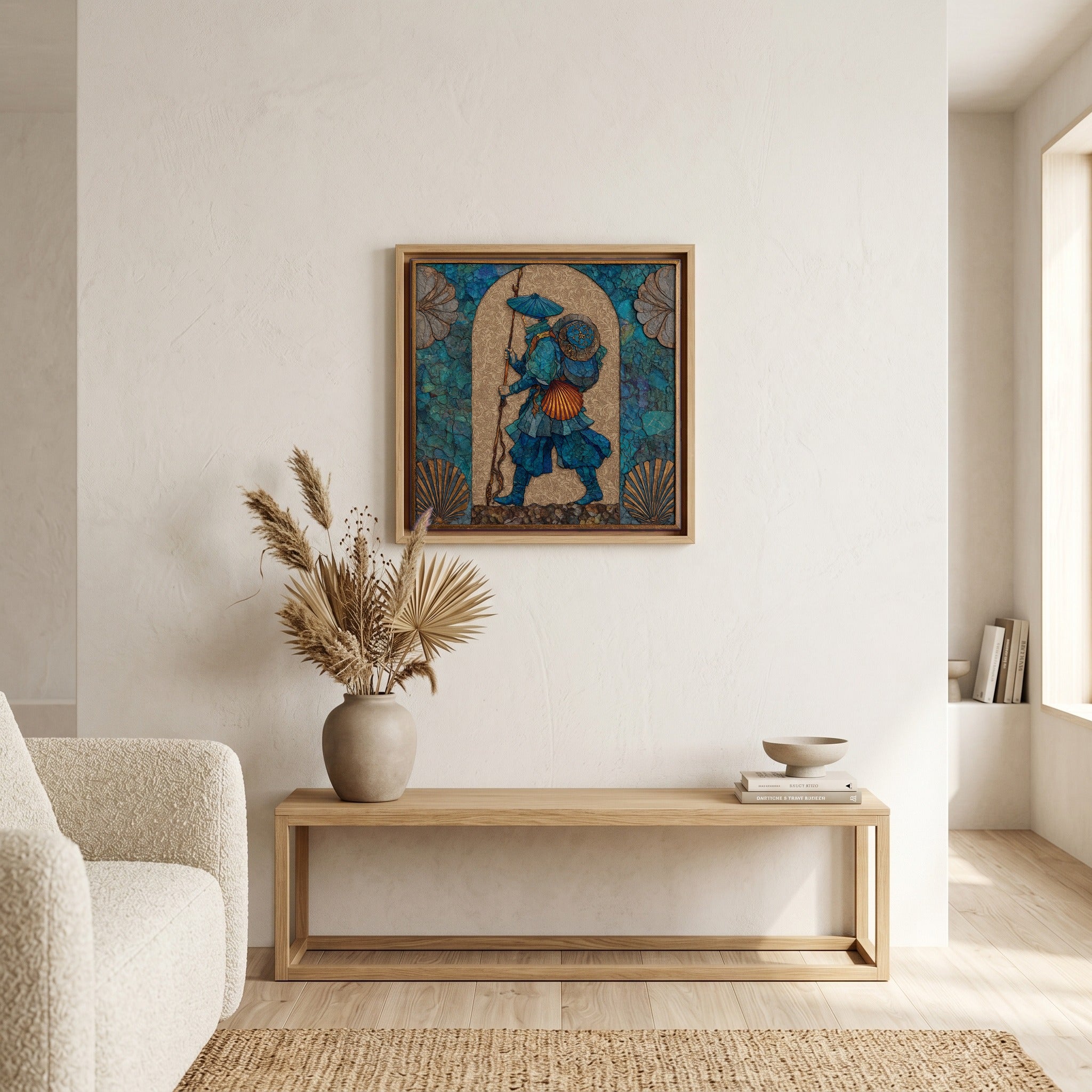 In the living room, above the sofa.