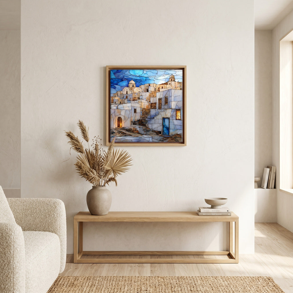 In the living room, above the sofa.