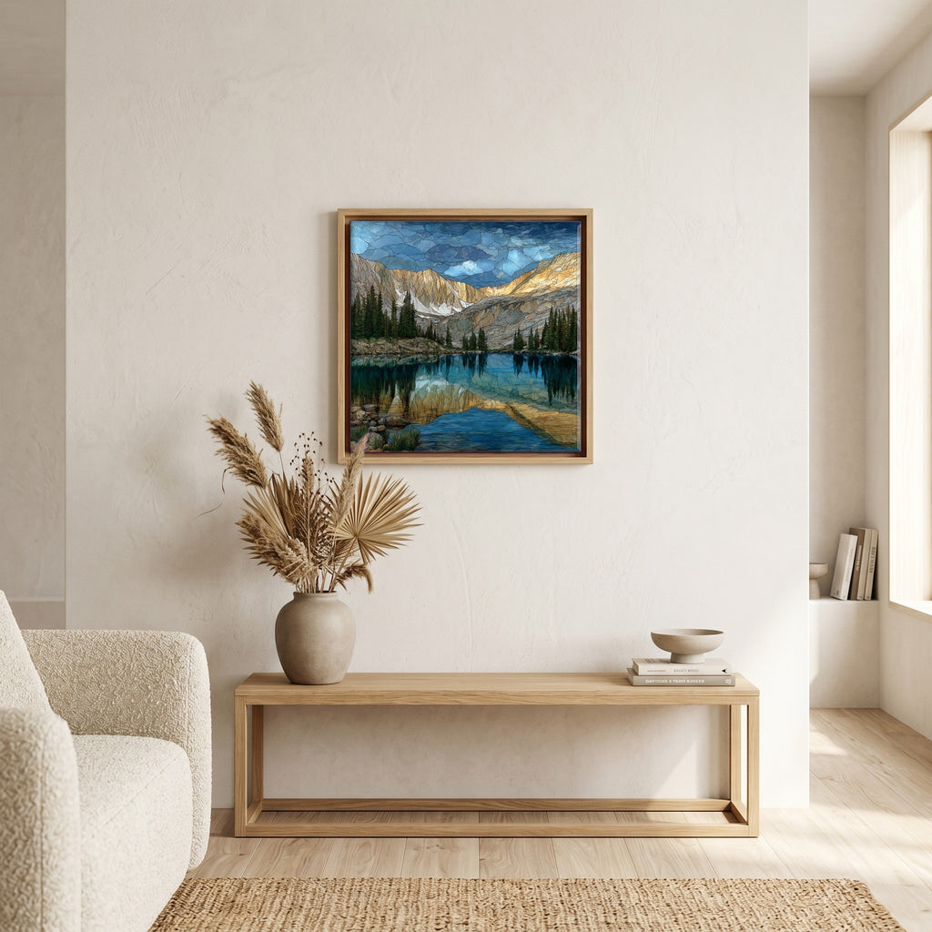 In the living room, above the sofa.
