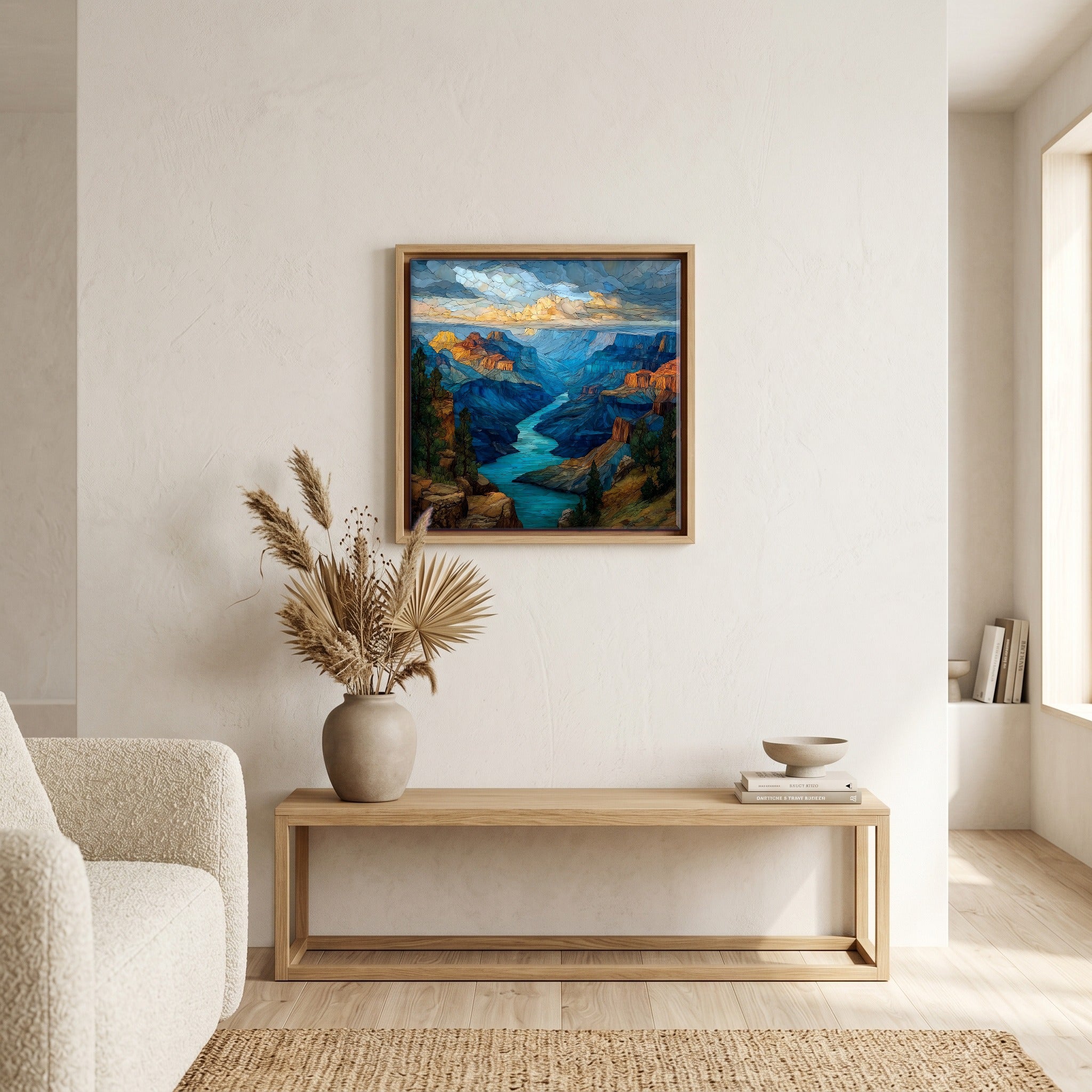 In the living room, above the sofa.