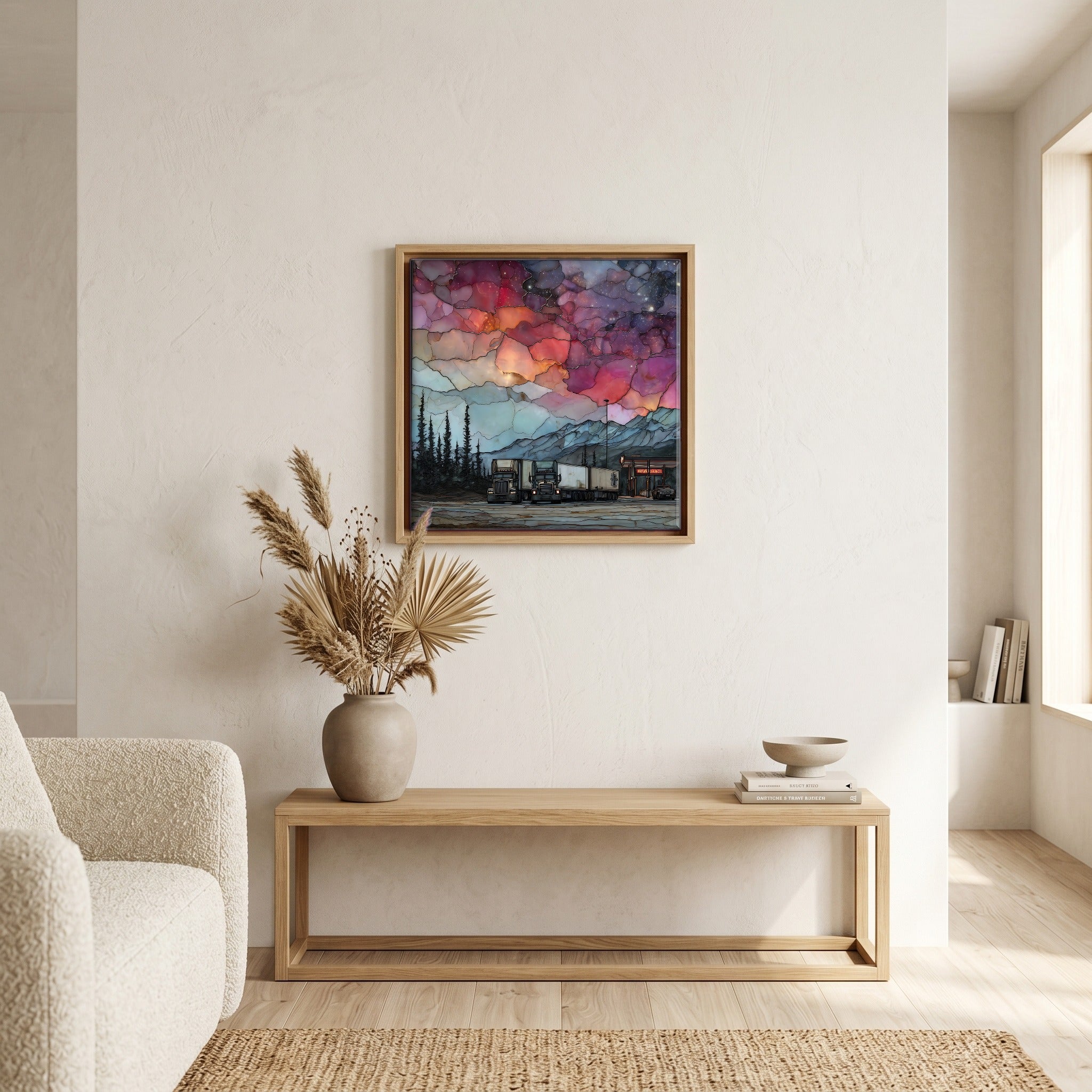 In the living room, above the sofa.