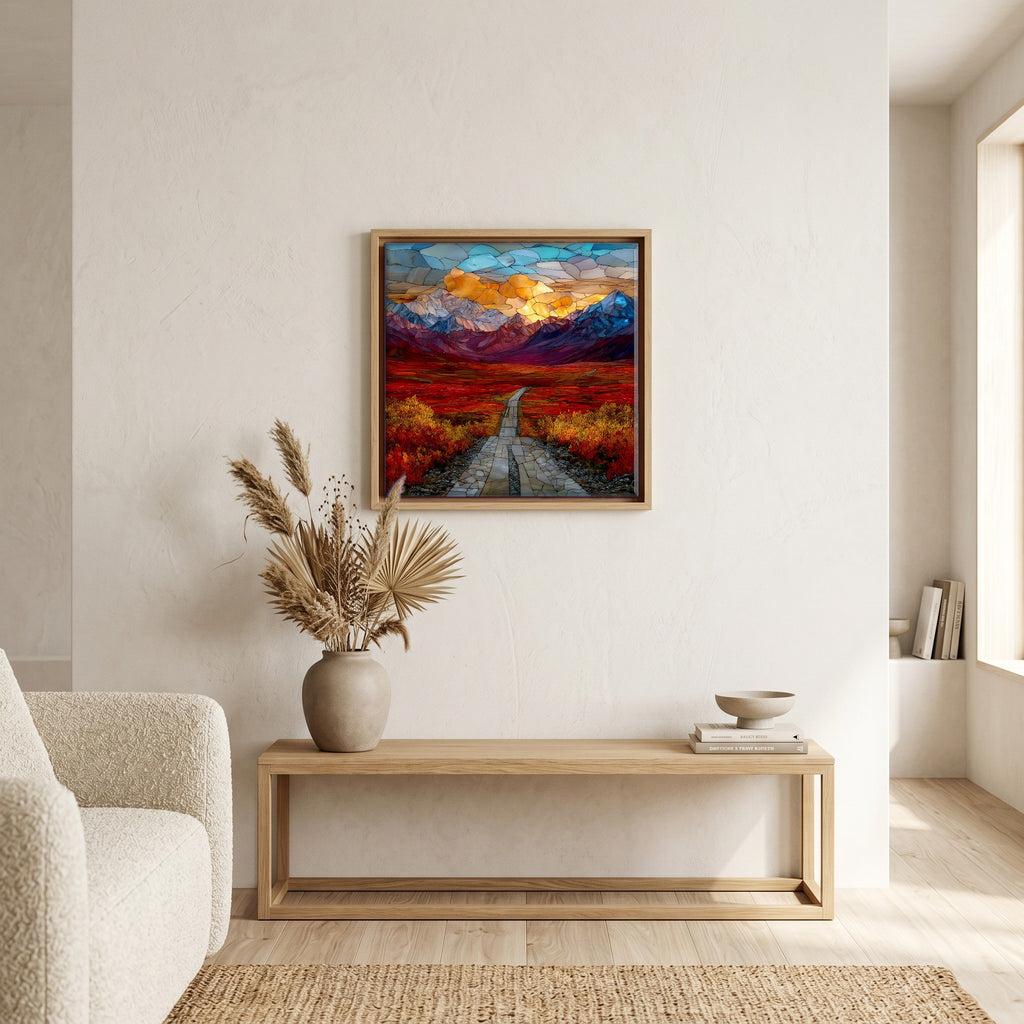 In the living room, above the sofa.