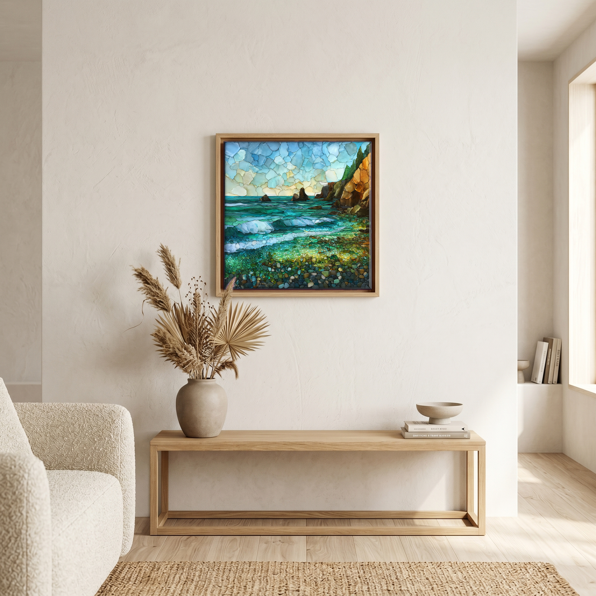 Above the bench, in a warm oak surround.