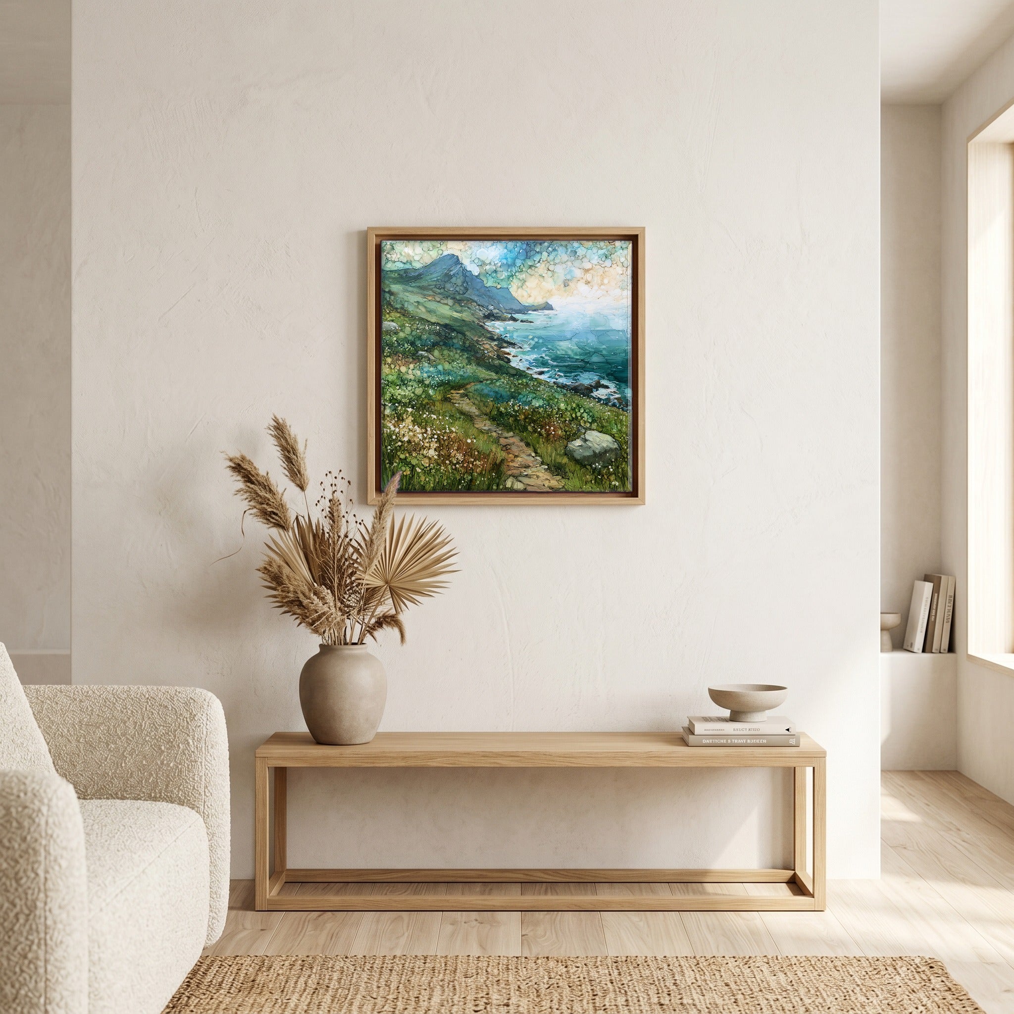 In the living room, above the sofa.