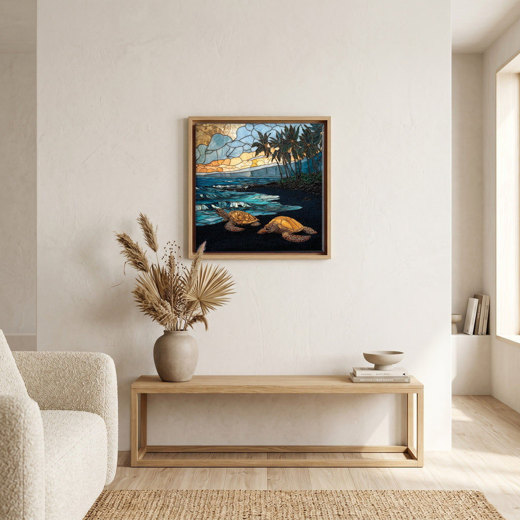 Above the bench, in a warm oak surround.