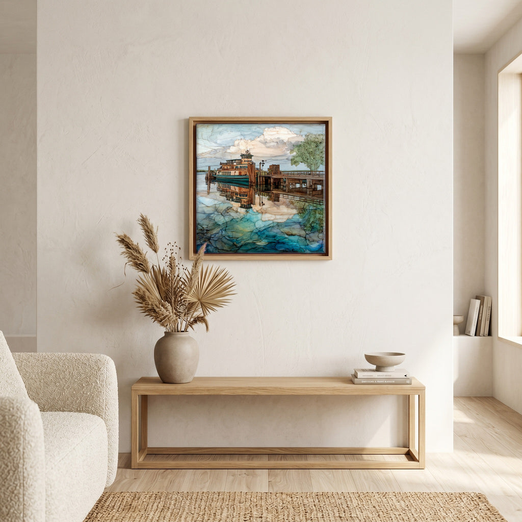 In the living room, above the sofa.
