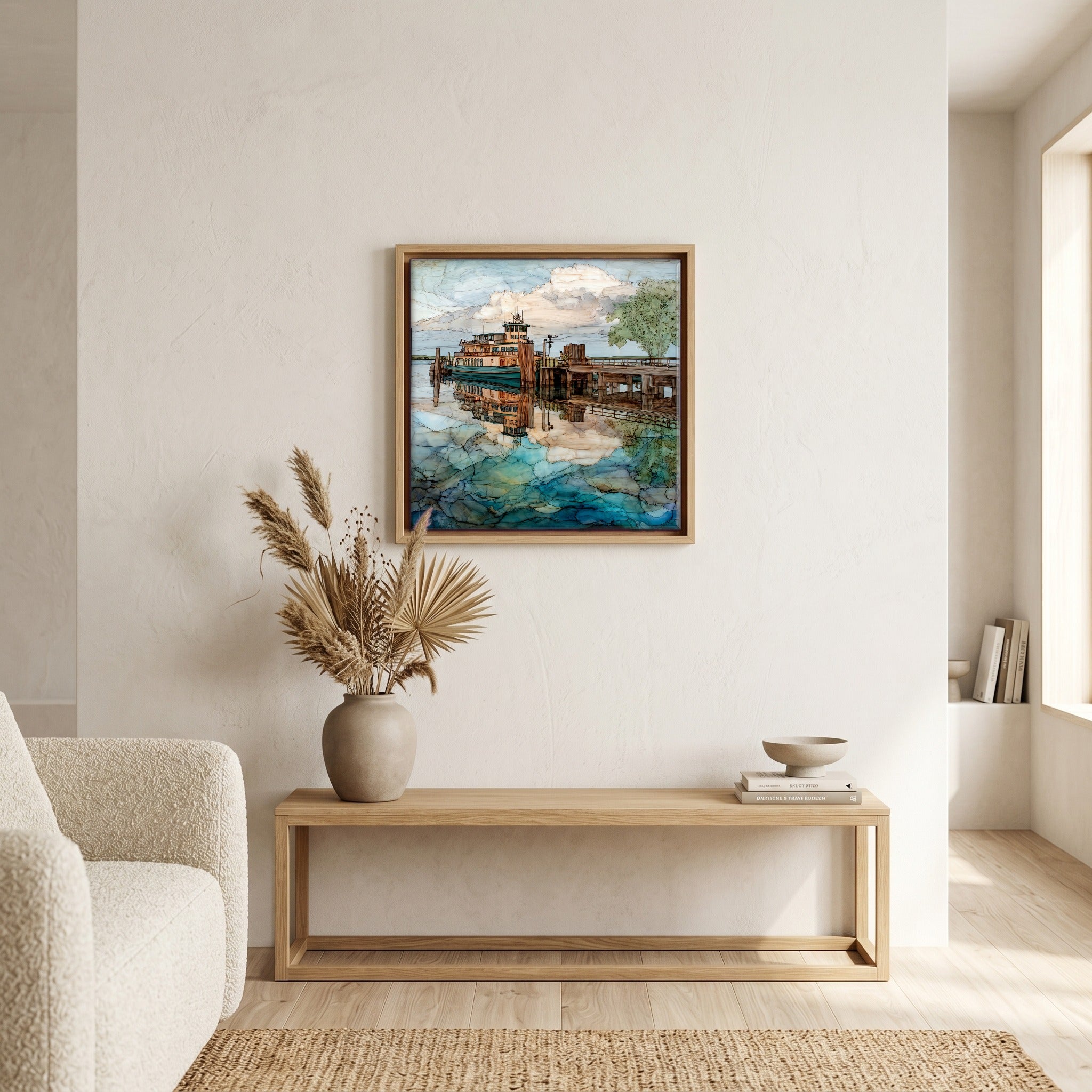 In the living room, above the sofa.