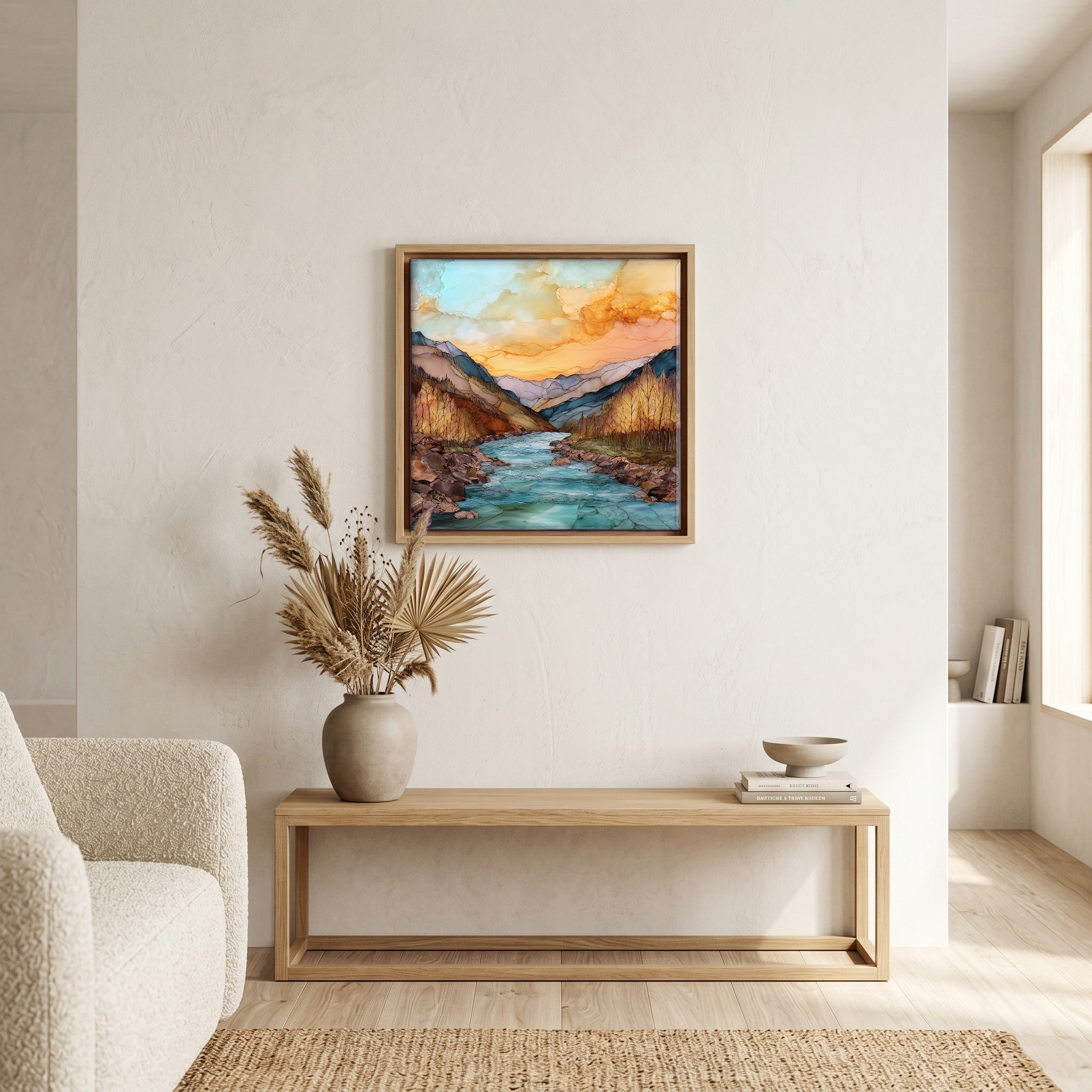 Above the bench, in a warm oak surround.