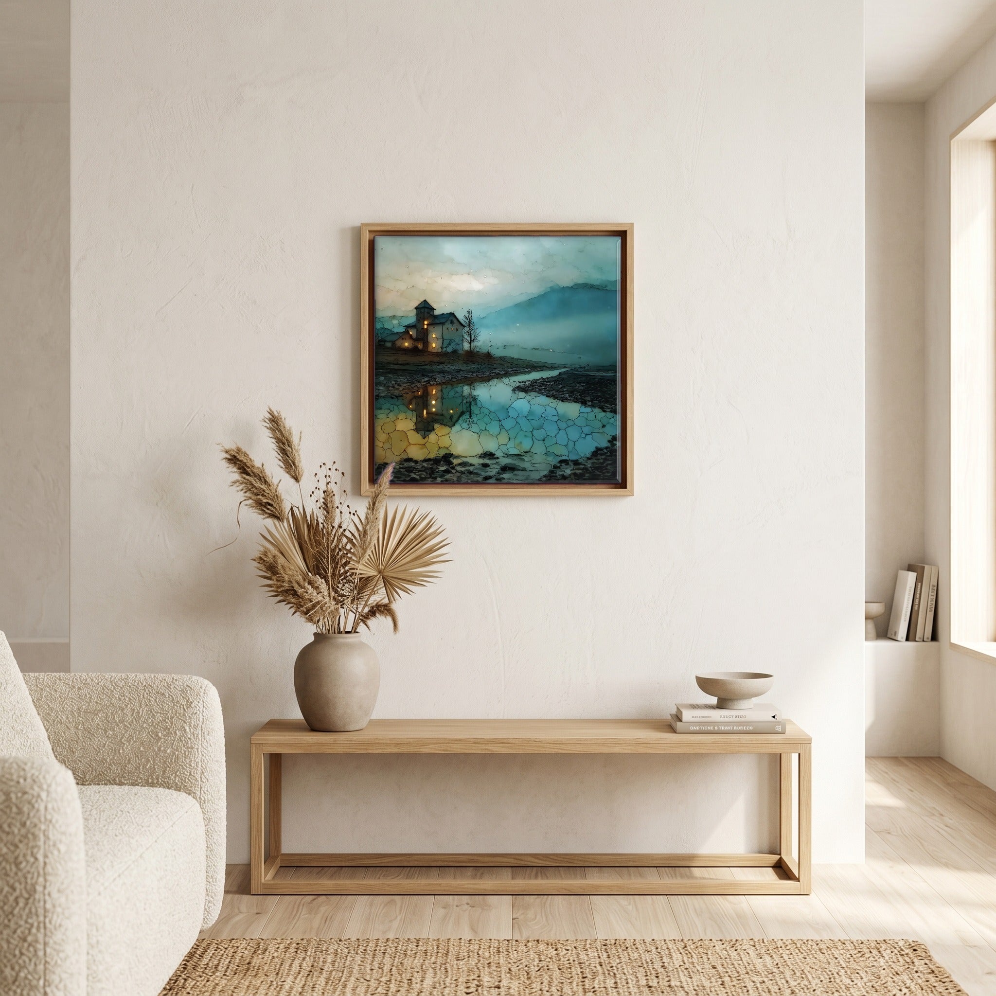 Above the bench, in a warm oak surround.
