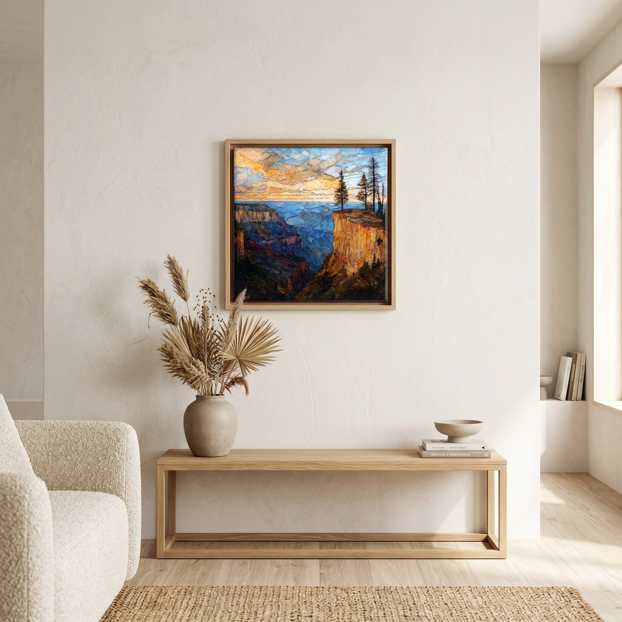 In the living room, above the sofa.