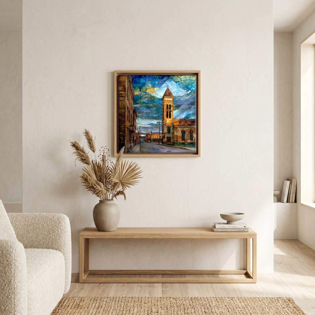 In the living room, above the sofa.
