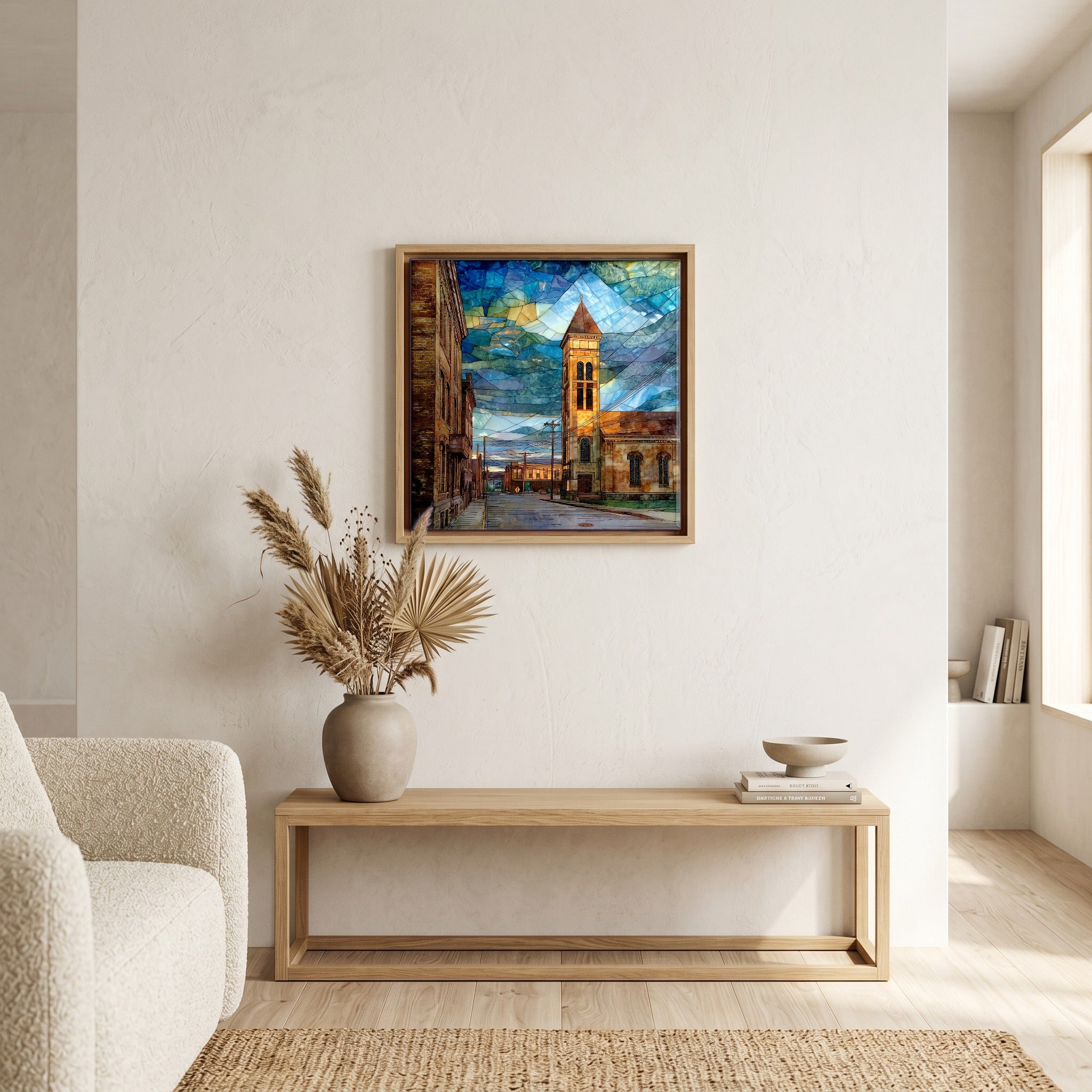 In the living room, above the sofa.