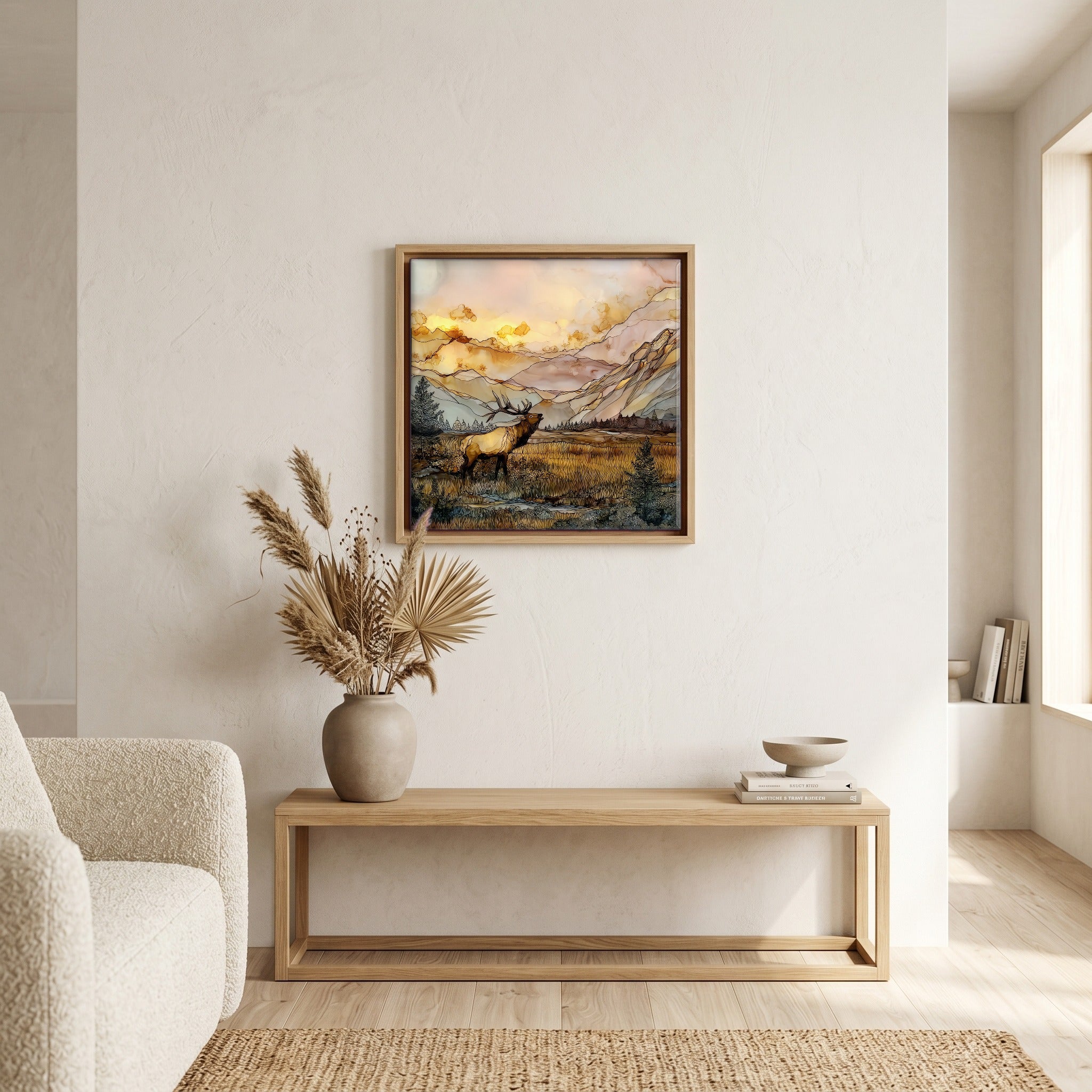 Above the bench, in a warm oak surround.
