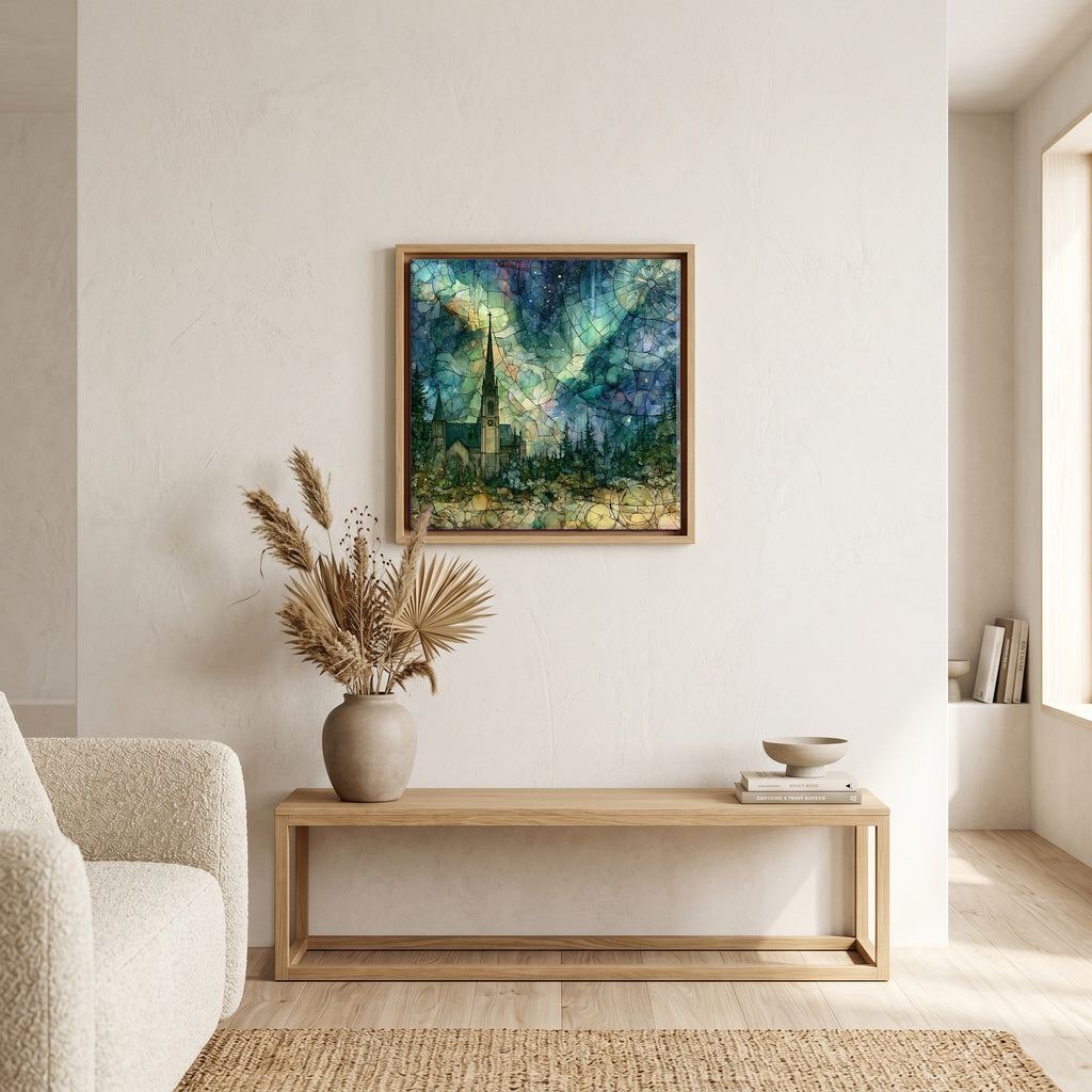 In the living room, above the sofa.
