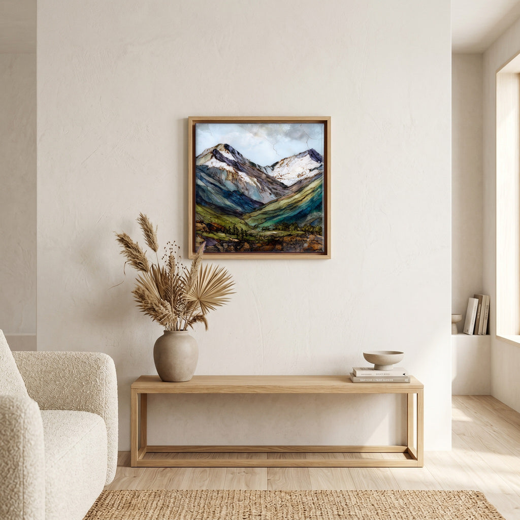 In the living room, above the sofa.