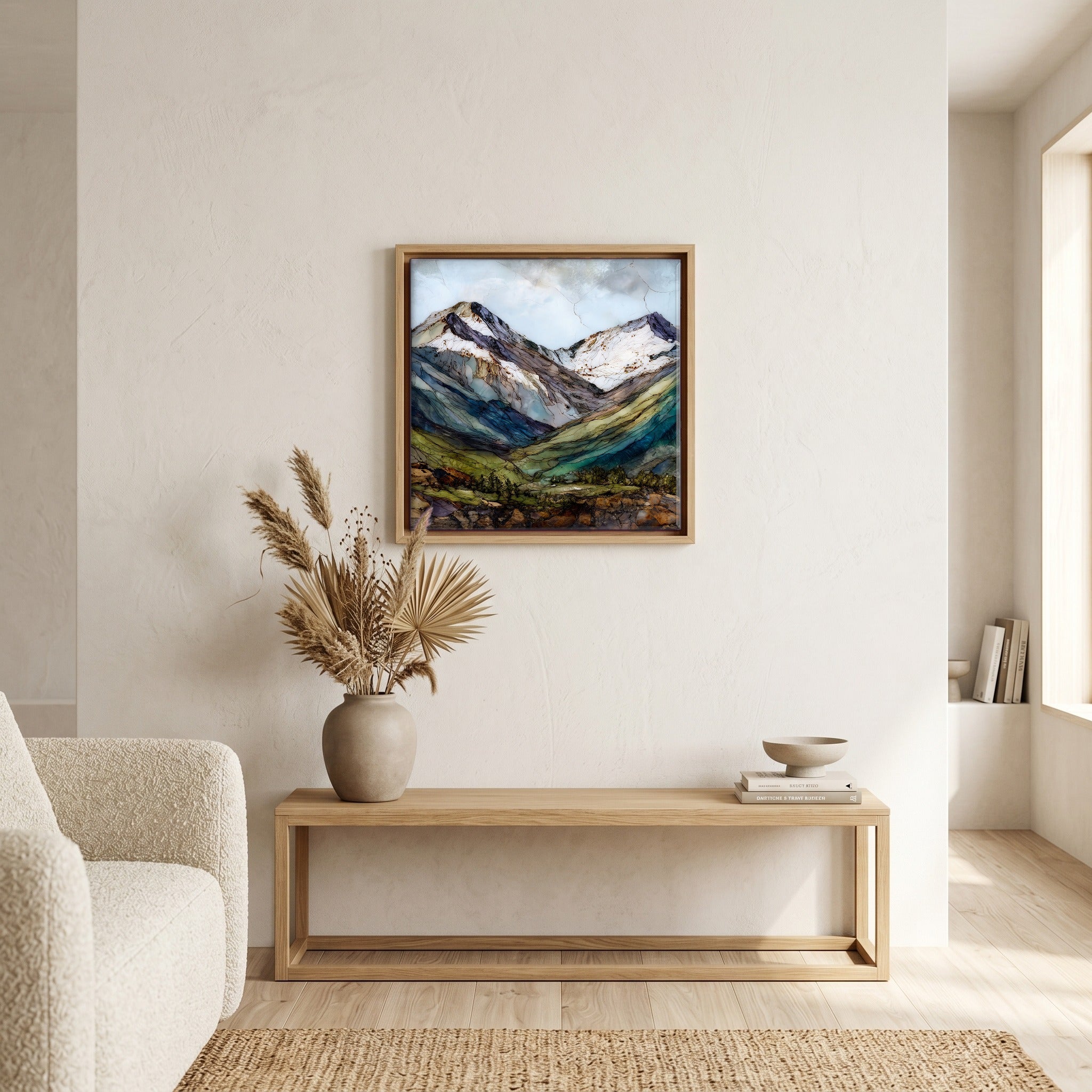 In the living room, above the sofa.