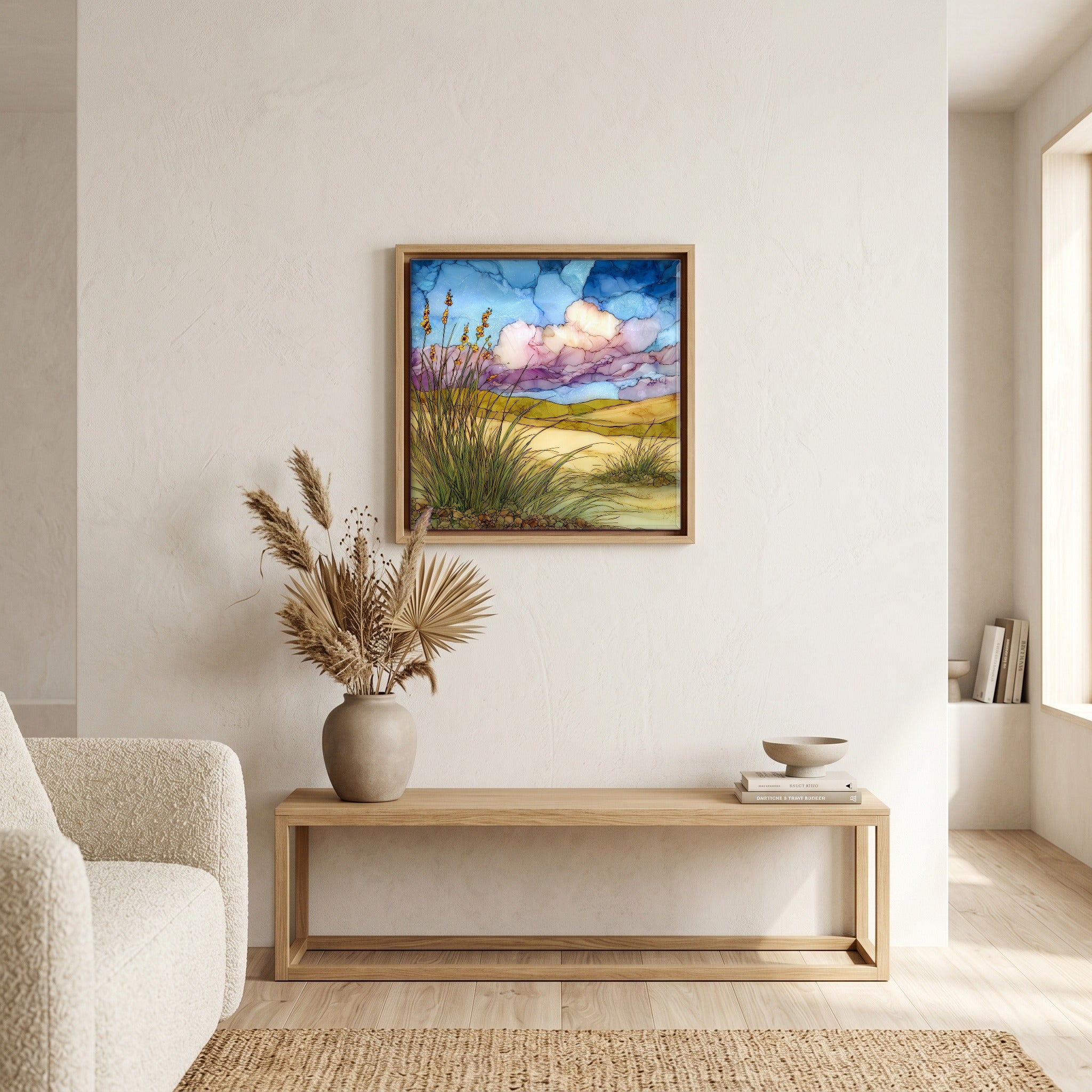 In the living room, above the sofa.