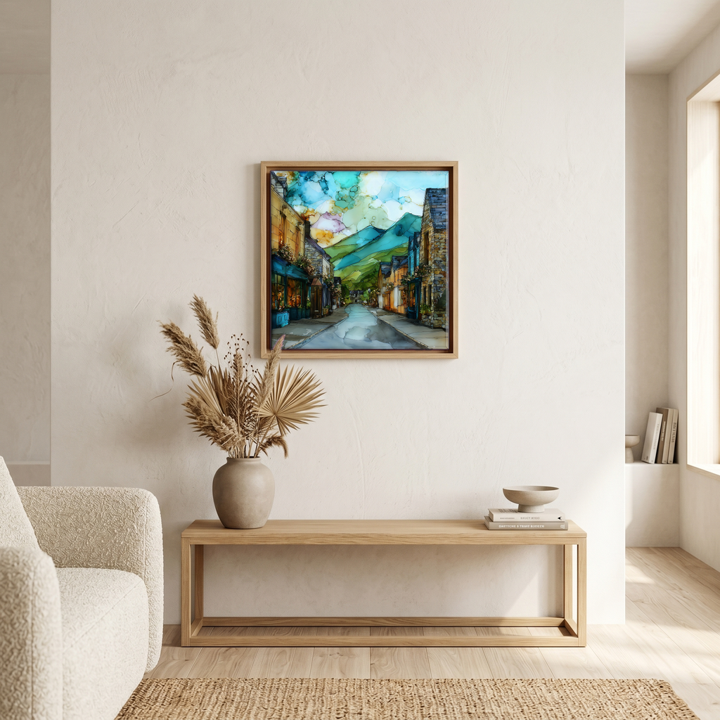 Above the bench, in a warm oak surround.