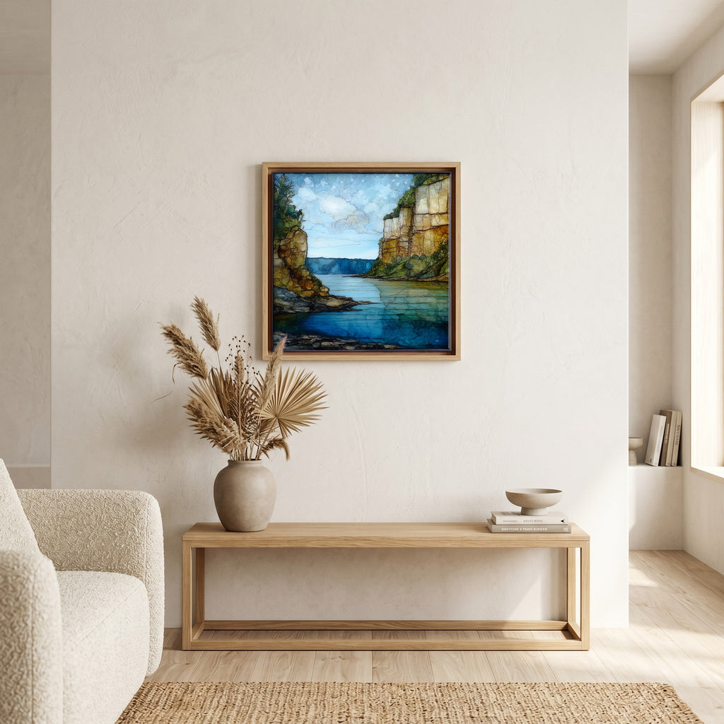 In the living room, above the sofa.
