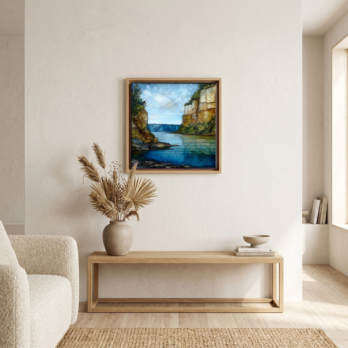 In the living room, above the sofa.