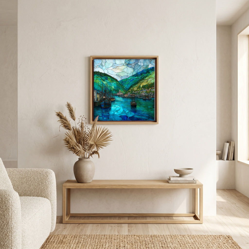 In the living room, above the sofa.