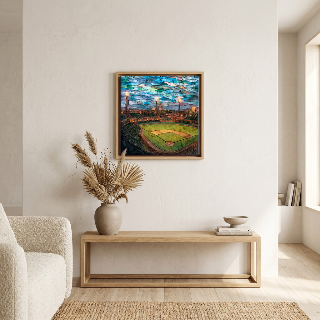 In the living room, above the sofa.