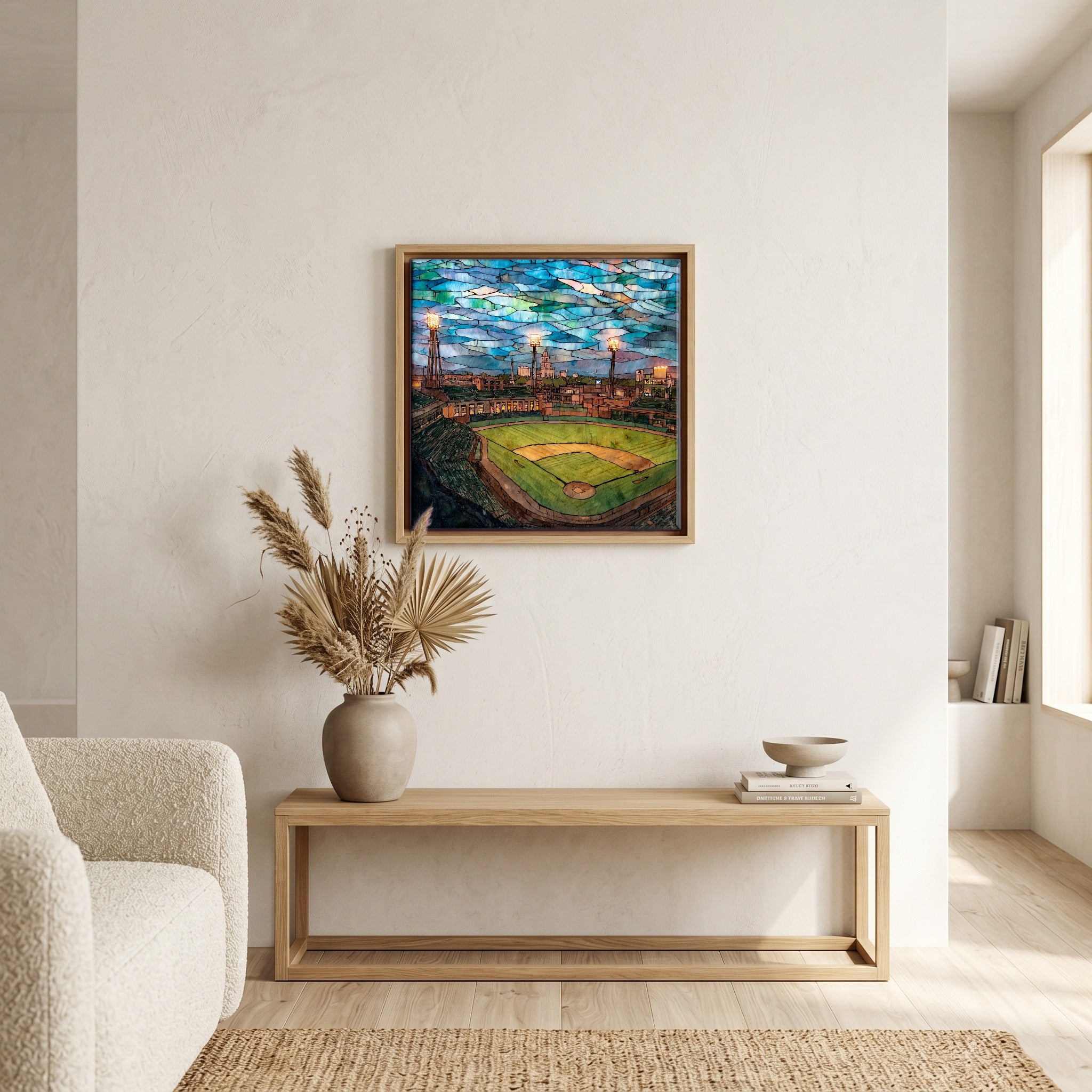 In the living room, above the sofa.