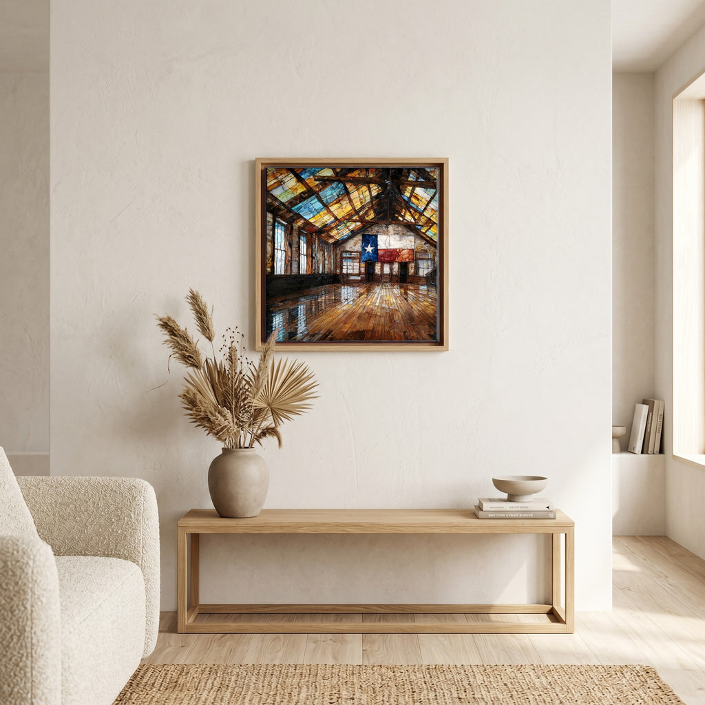 In the living room, above the sofa.
