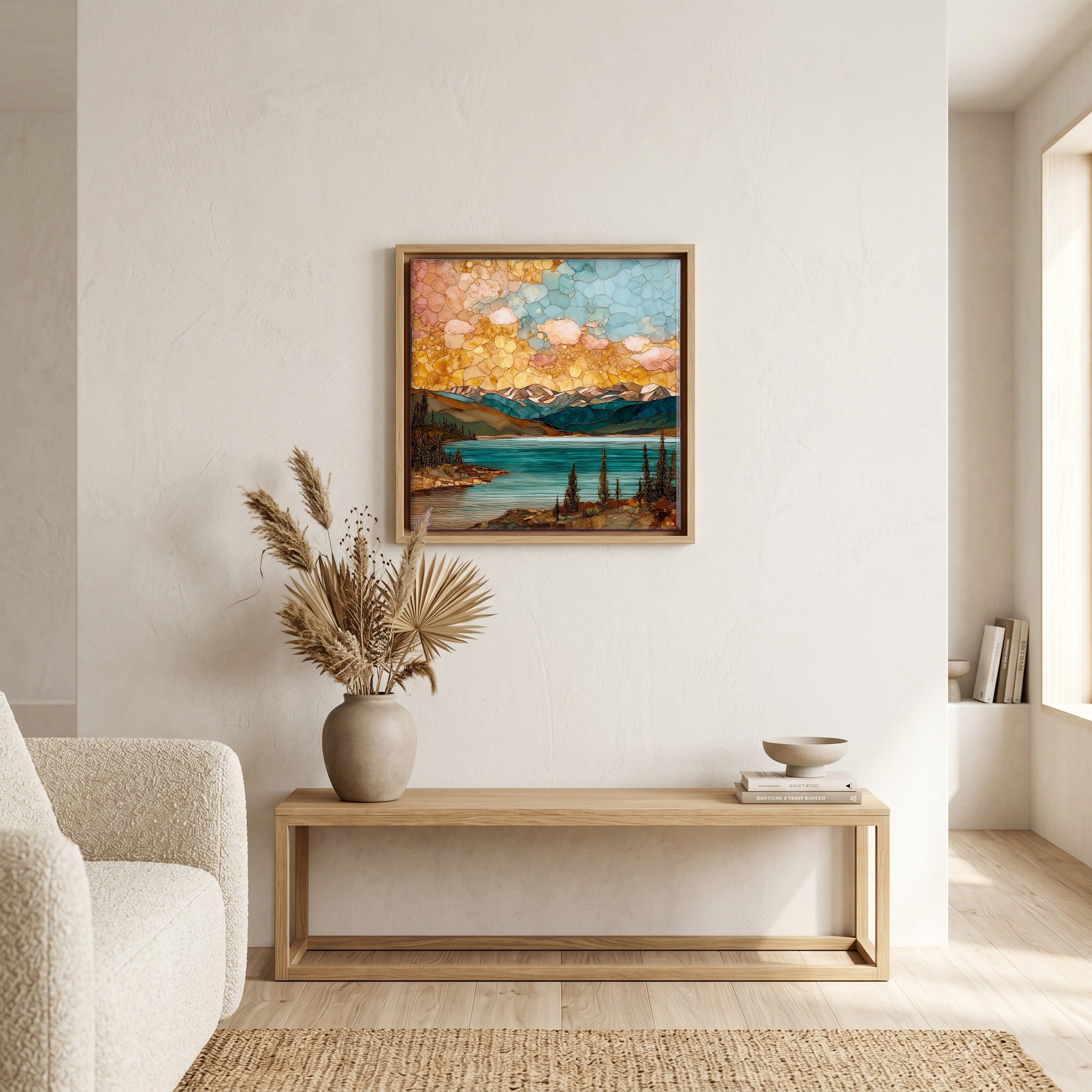 Above the bench, in a warm oak surround.