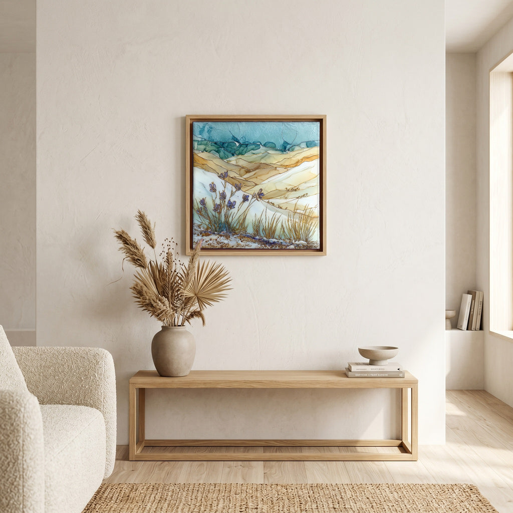 In the living room, above the sofa.