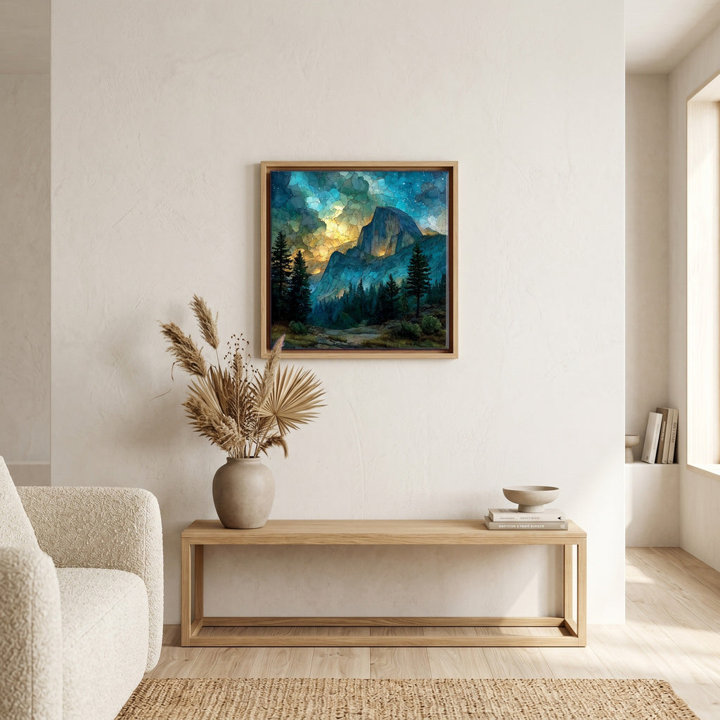 In the living room, above the sofa.