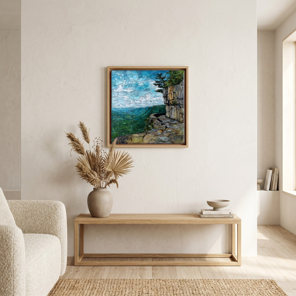 In the living room, above the sofa.