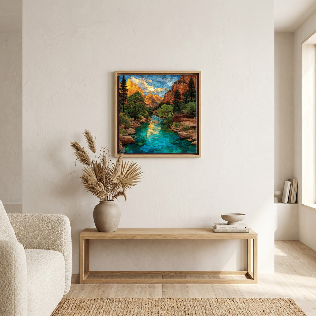 In the living room, above the sofa.
