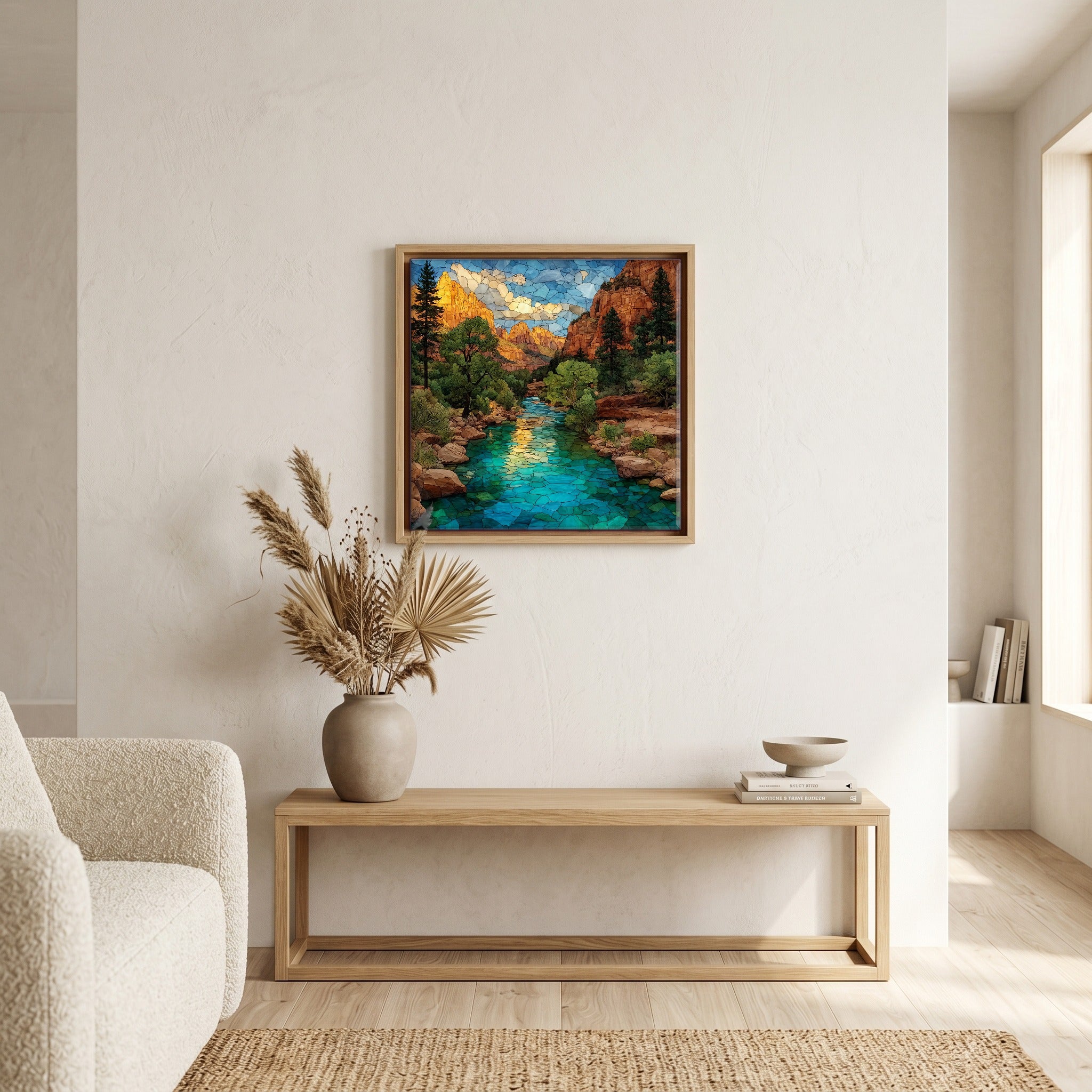 In the living room, above the sofa.