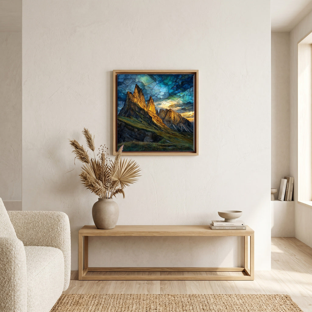 Above the bench, in a warm oak surround.