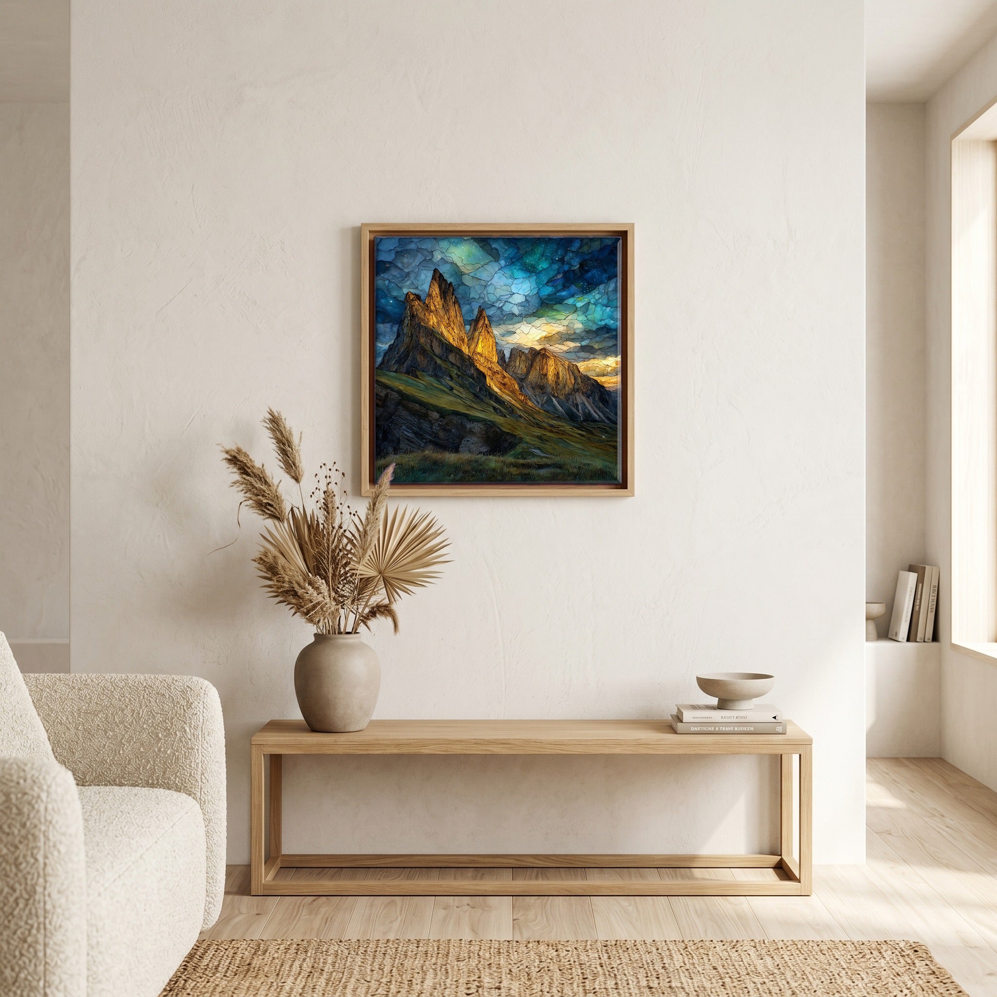 Above the bench, in a warm oak surround.