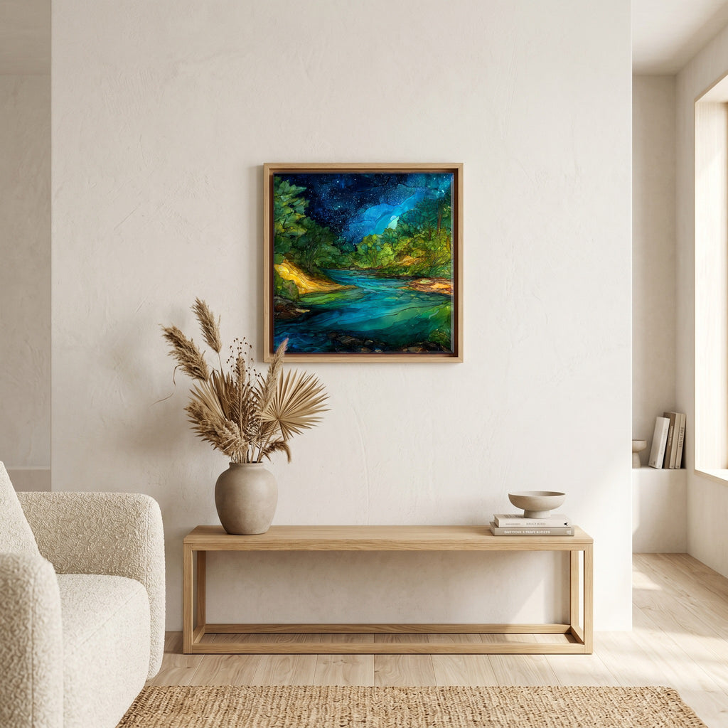 In the living room, above the sofa.