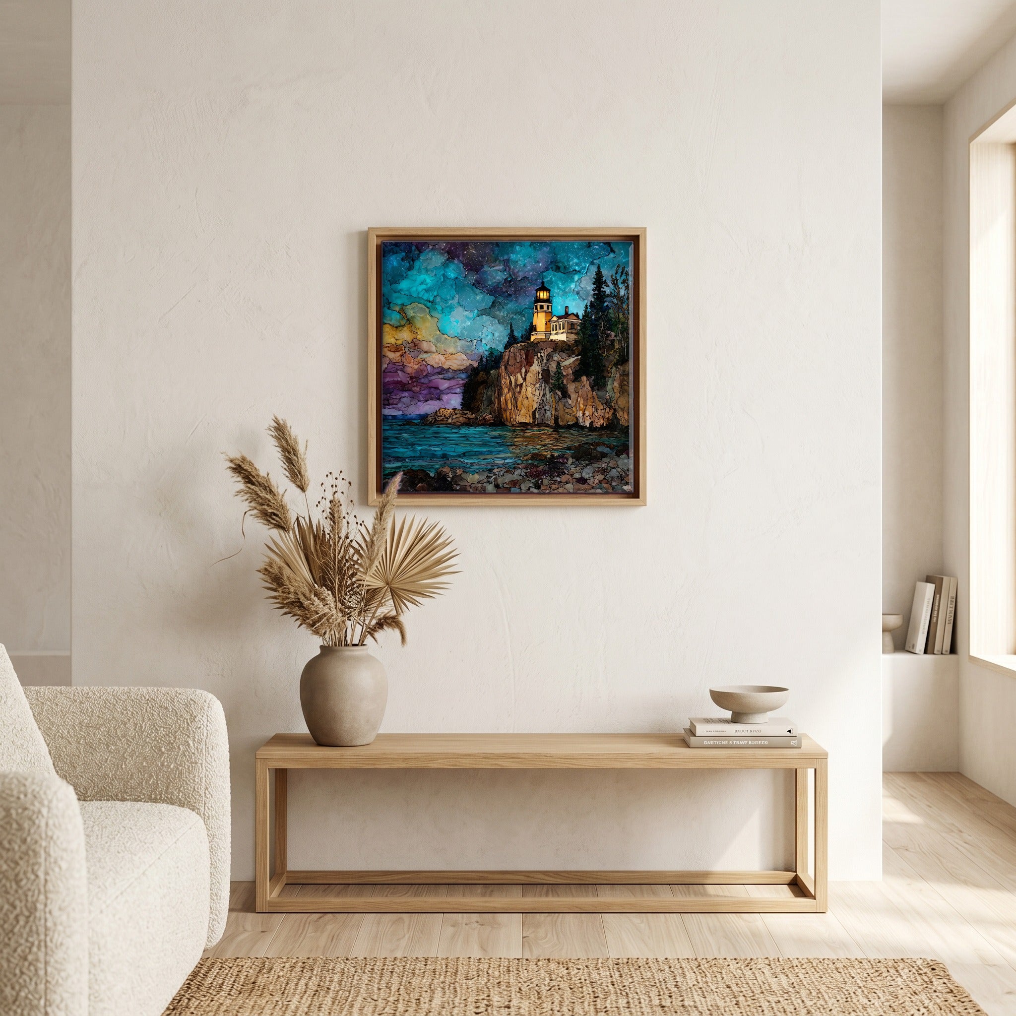 In the living room, above the sofa.