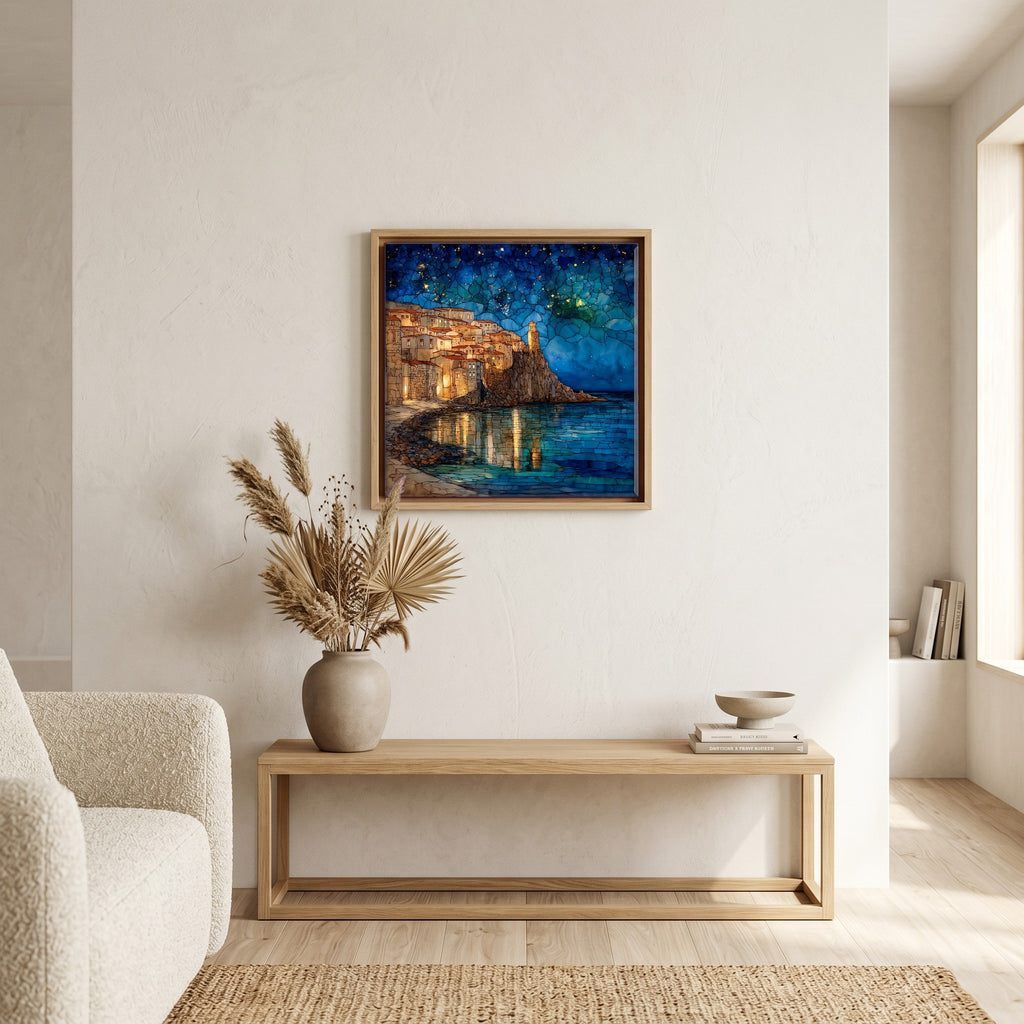 In the living room, above the sofa.