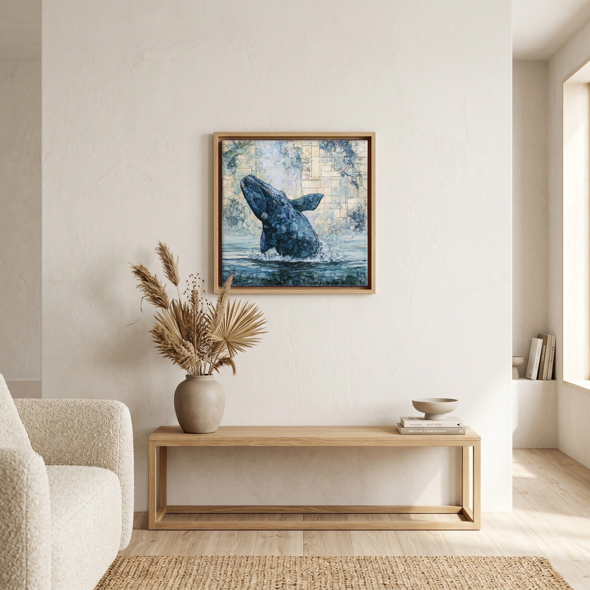 In the living room, above the sofa.