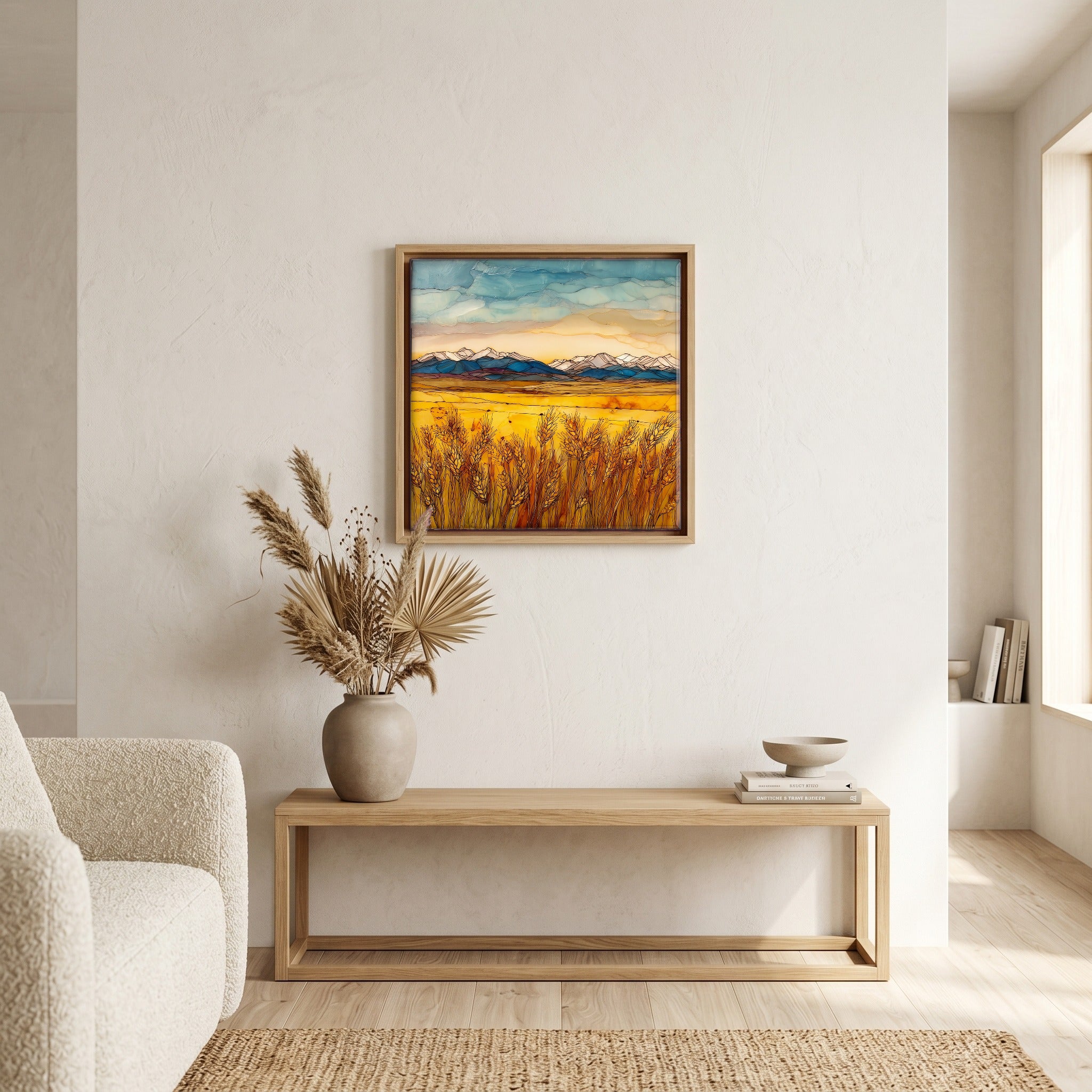 Above the bench, in a warm oak surround.