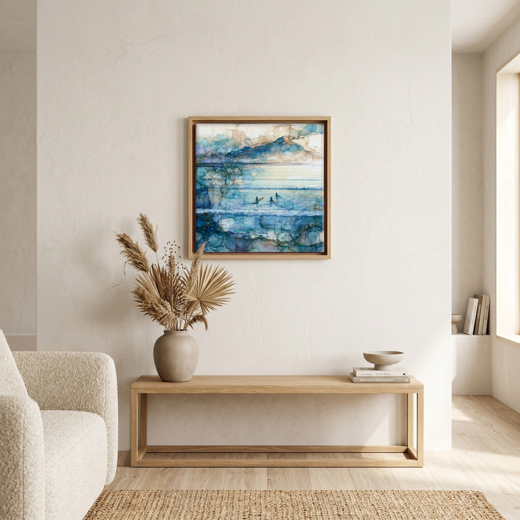 In the living room, above the sofa.