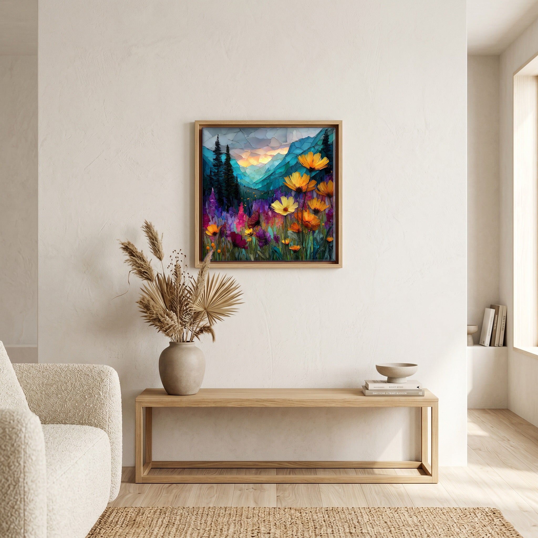 In the living room, above the sofa.