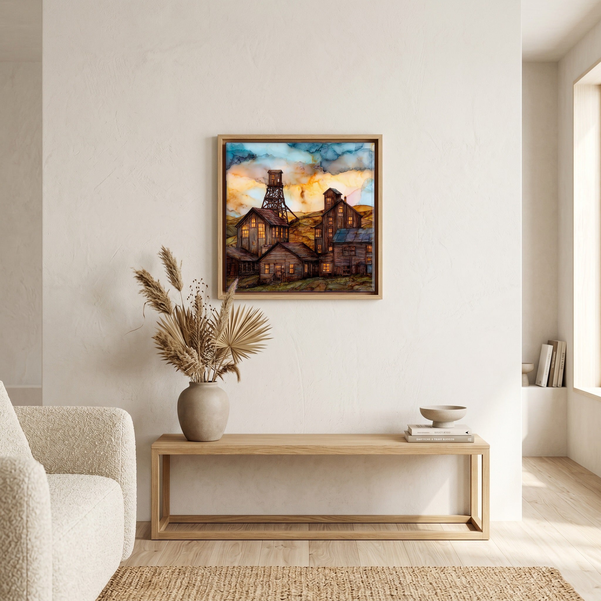 In the living room, above the sofa.