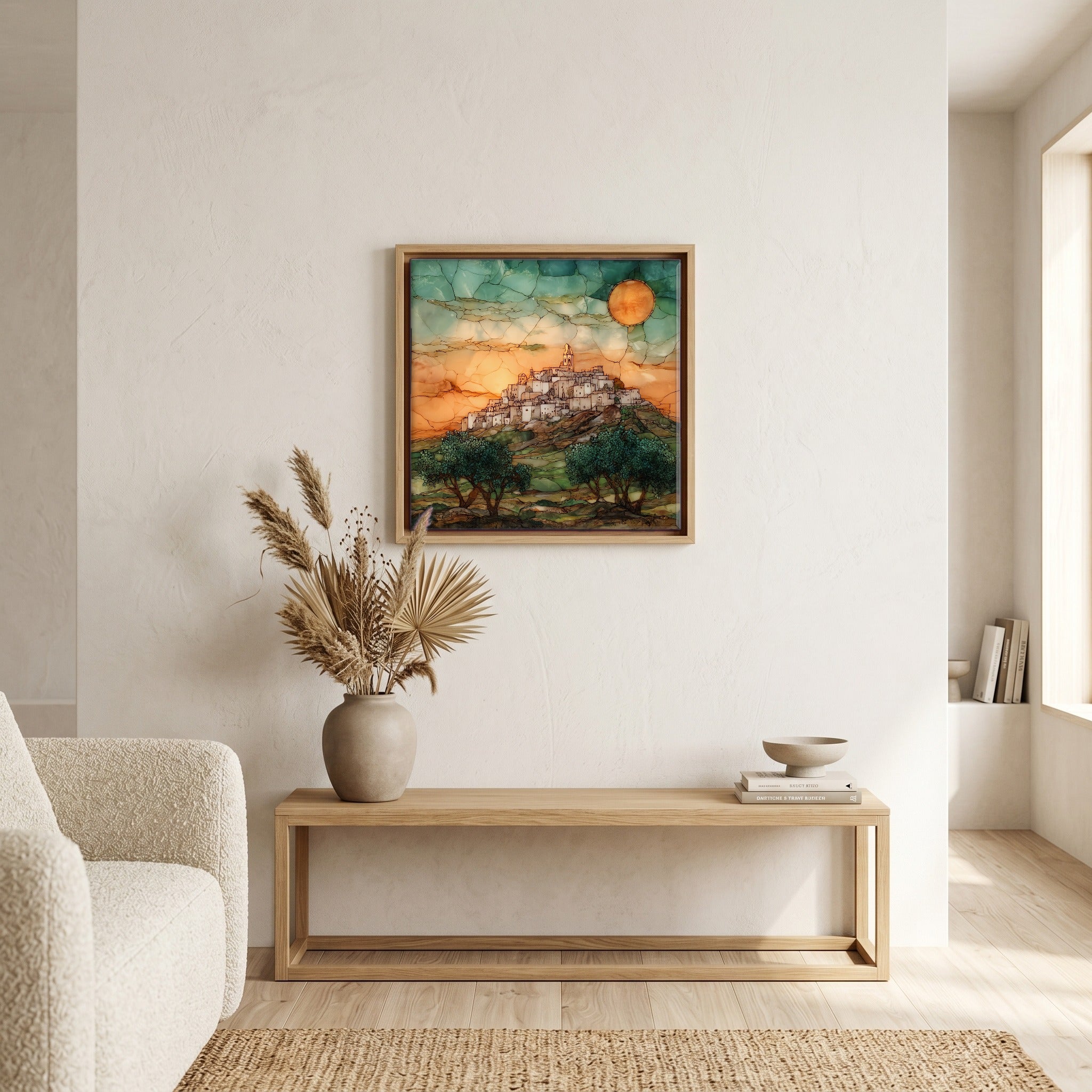 Above the bench, in a warm oak surround.